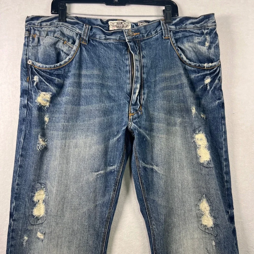 Distressed AKDMKS Medium Wash‎ Straight Leg Jeans Ripped Blue Mens Size 40x33